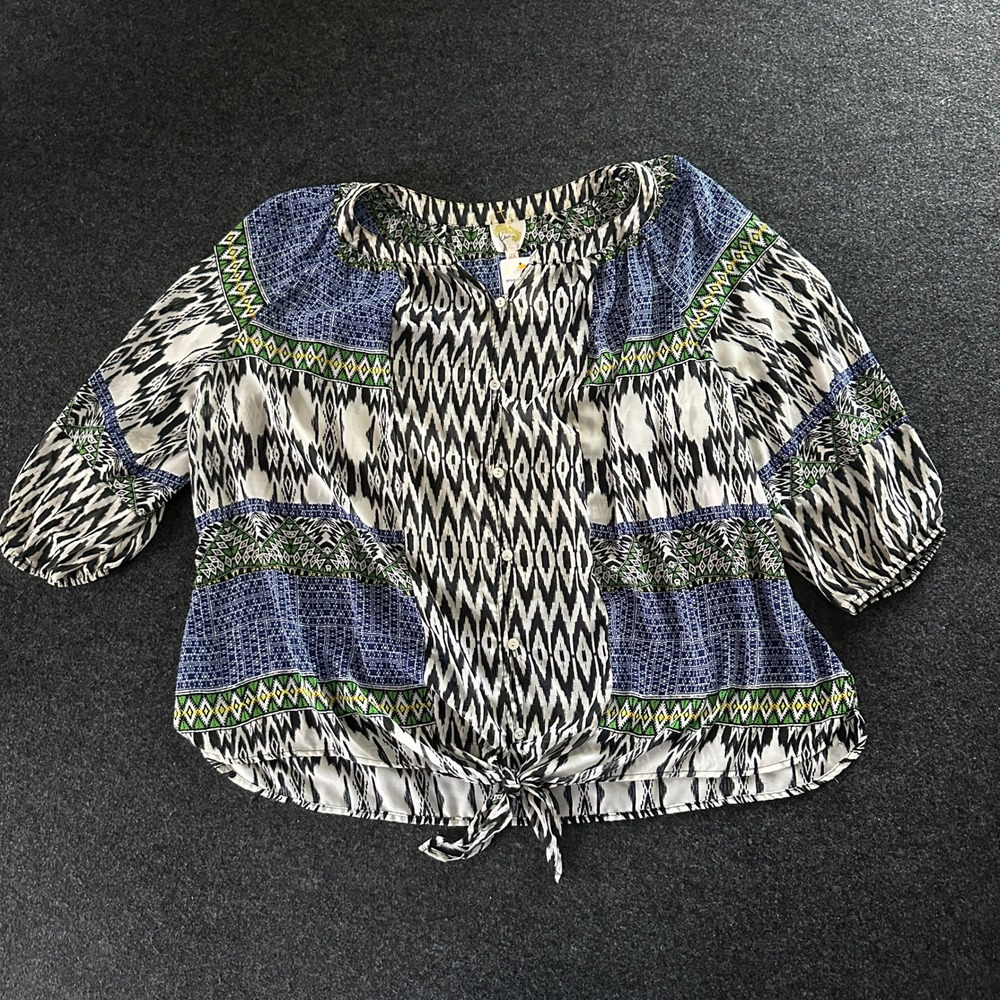 Fig & Flower Women 2X Tribal Ikat Print Tie Front‎ Button Blouse 3/4 Sleeve Blue